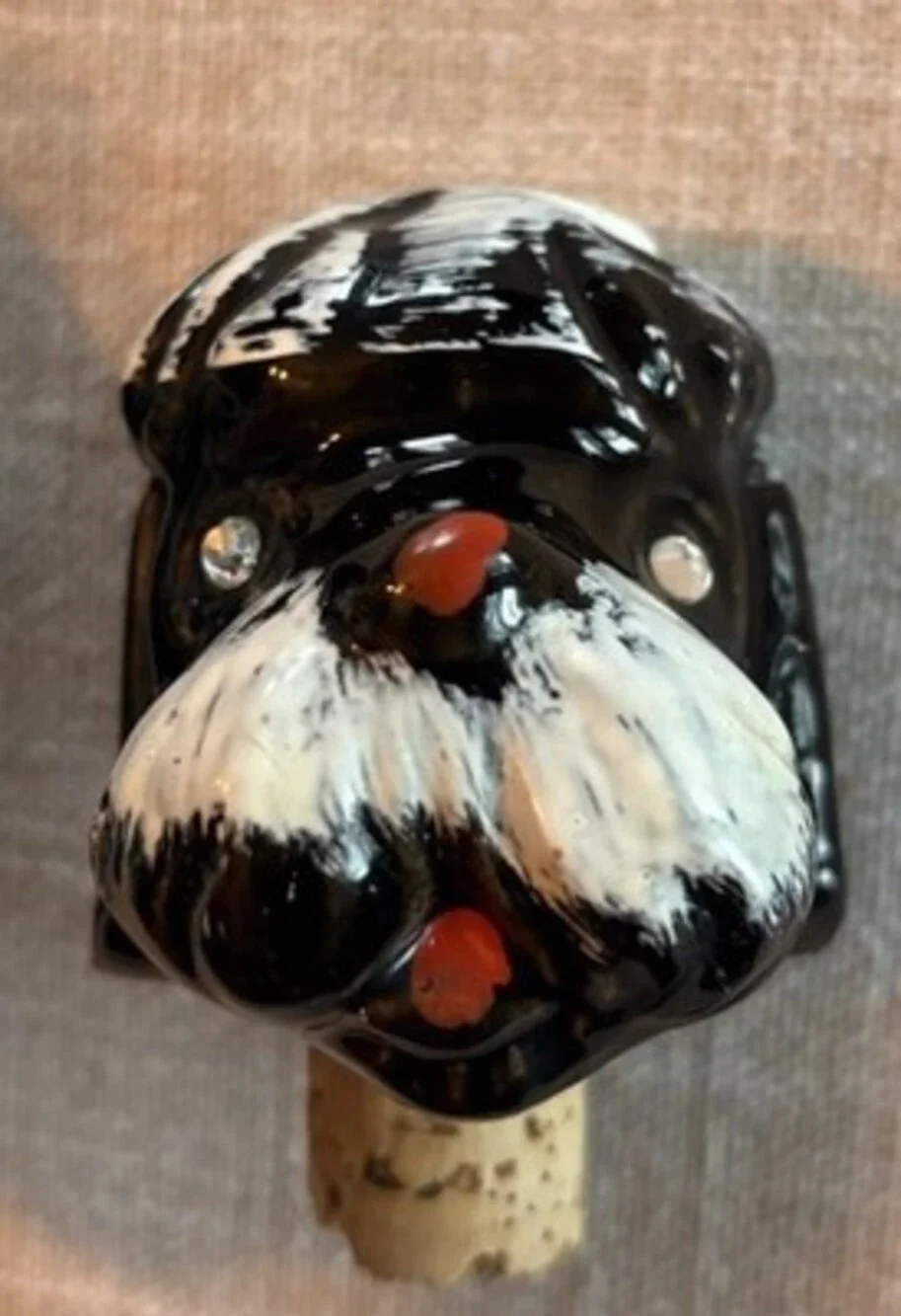 Vintage Enesco Ceramic Black & White Dog Decanter with Stopper and Yellow Ribbon